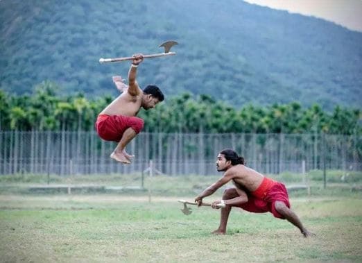 Sreevalsan practicing Kalaripayattu, the traditional martial art of Kerala
